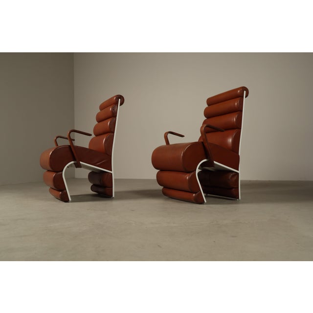 Sculptural Cognac Leather Armchairs with White Metal Frames, 1970s, Set of 2 For Sale - Image 10 of 16