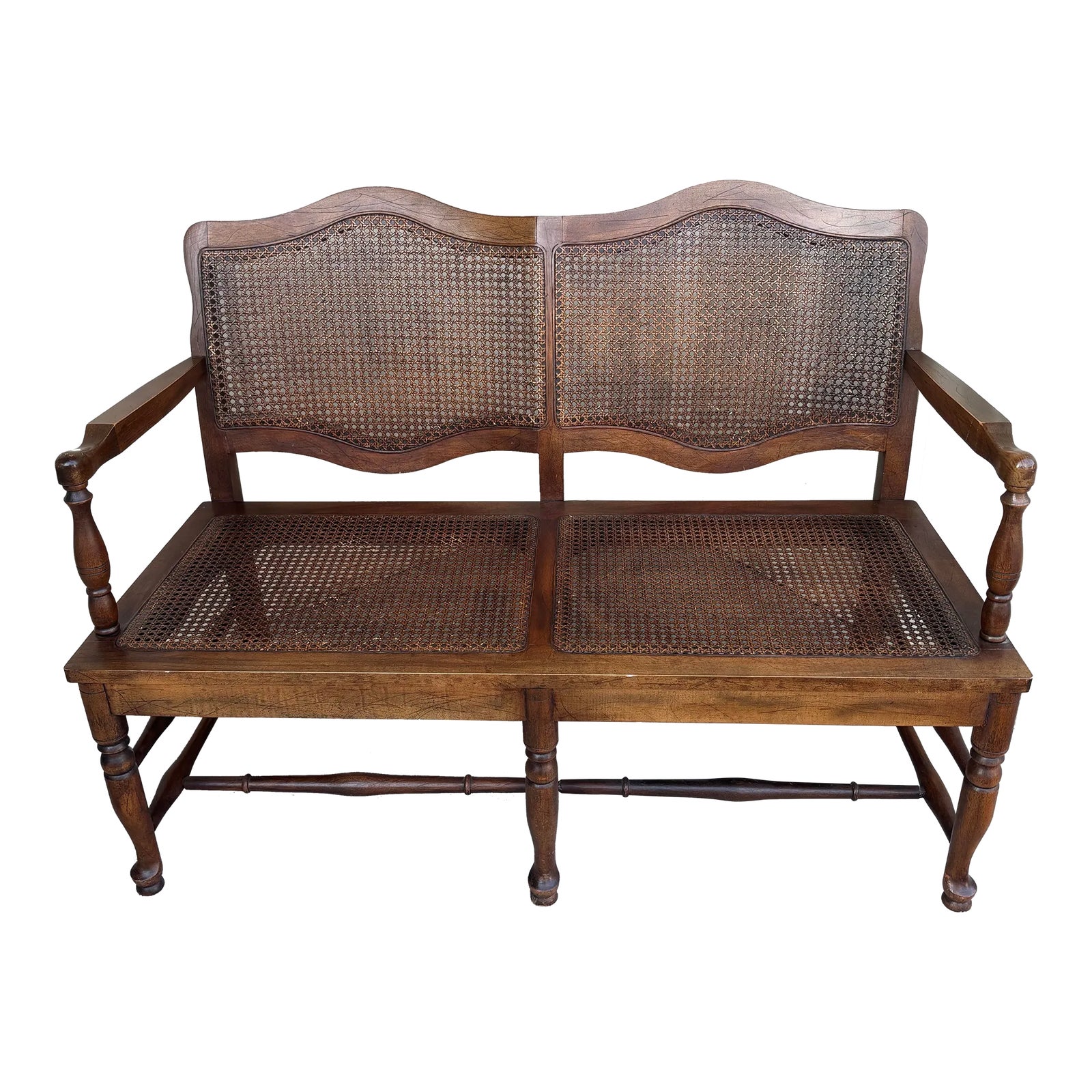 1960s French Provincial Wood and Cane Settee Bench With Custom Cushion