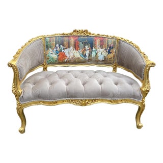 1975 French Louis XVI Gilded Beech Velvet & Silk Artwork Settee For Sale