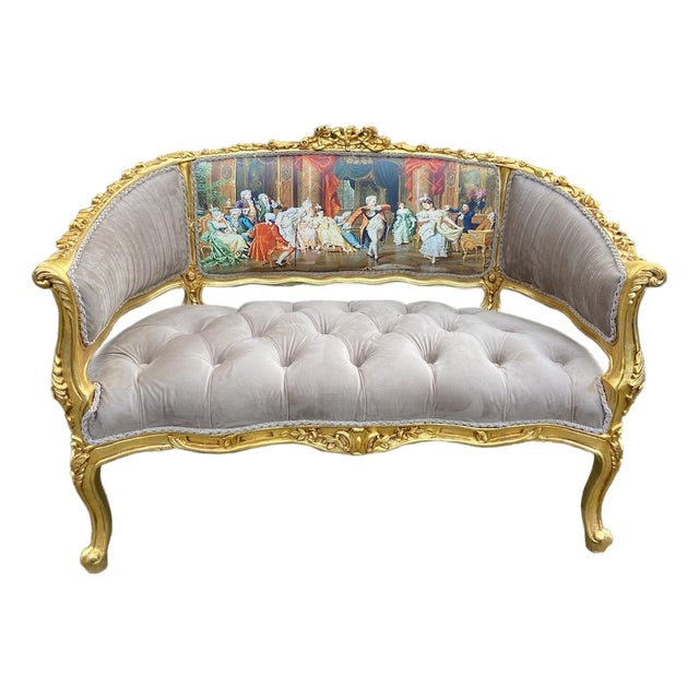 1975 French Louis XVI Gilded Beech Velvet & Silk Artwork Settee For Sale