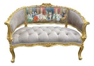 1975 French Louis XVI Gilded Beech Velvet & Silk Artwork Settee