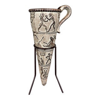 Vintage Minoan Boxer Rhyton Replica – Ancient Greek Drinking Horn Vessel With Stand For Sale