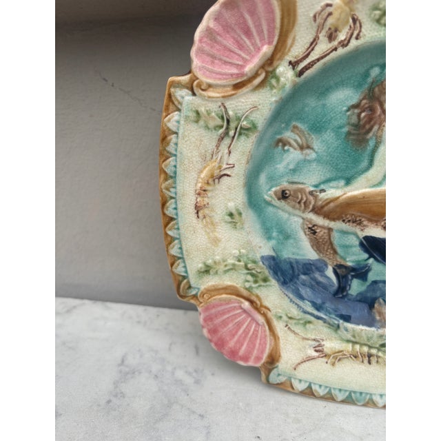 19th Century Square Majolica Mermaid Wall Plate Nimy Les Mons For Sale - Image 4 of 5