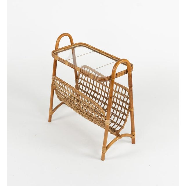 Wood Mid-Century Bamboo, Rattan and Glass Side Table with Magazine Rack, Italy, 1960s For Sale - Image 7 of 18