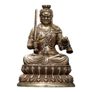 Vintage Silver-Plated Bronze Acala Statue Buddhist Fudo Myoo Sculpture 3.9" For Sale