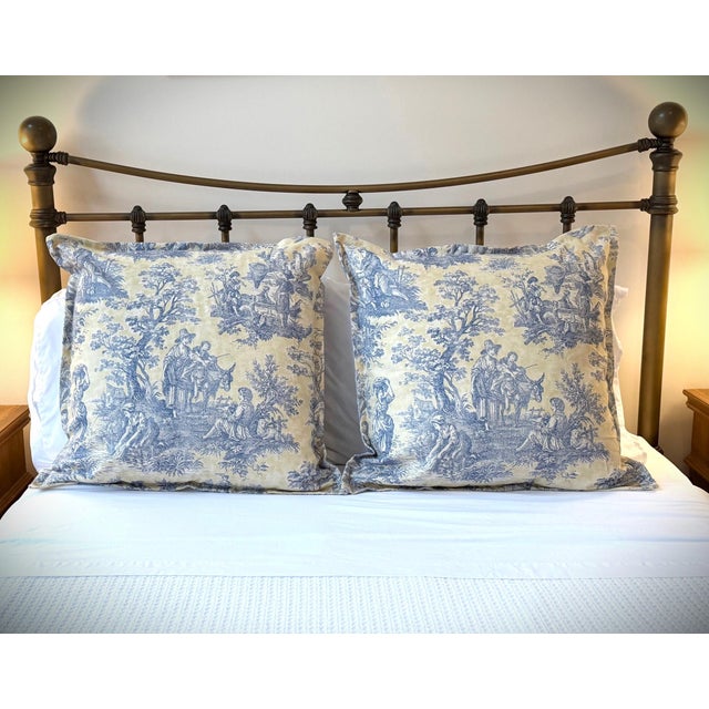 Custom Double-Sided Butter Yellow and Blue Toile Pillow Shams A pair of custom 25” × 25” European pillow shams crafted...