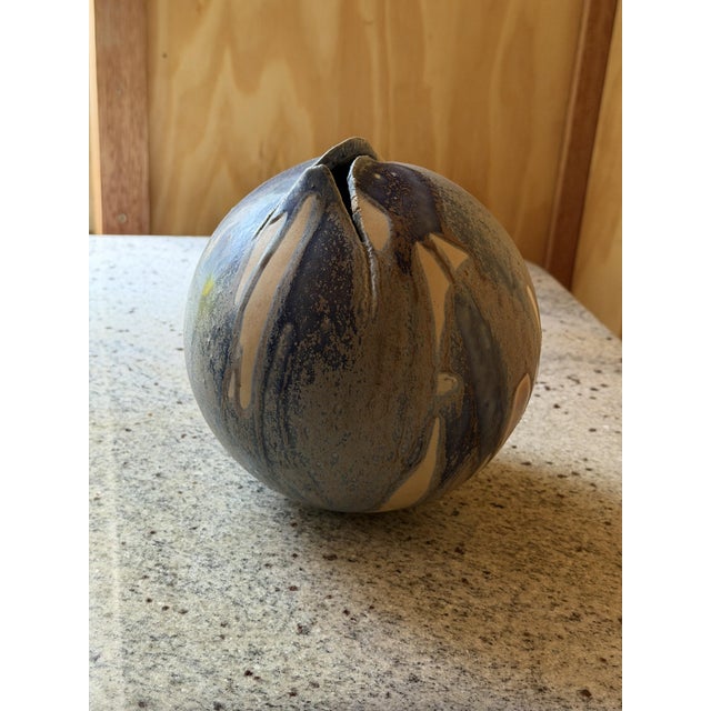 Studio Pottery Orb Vase wirh Pinched Organic Opening and Drip Glaze, 1940 For Sale - Image 3 of 13