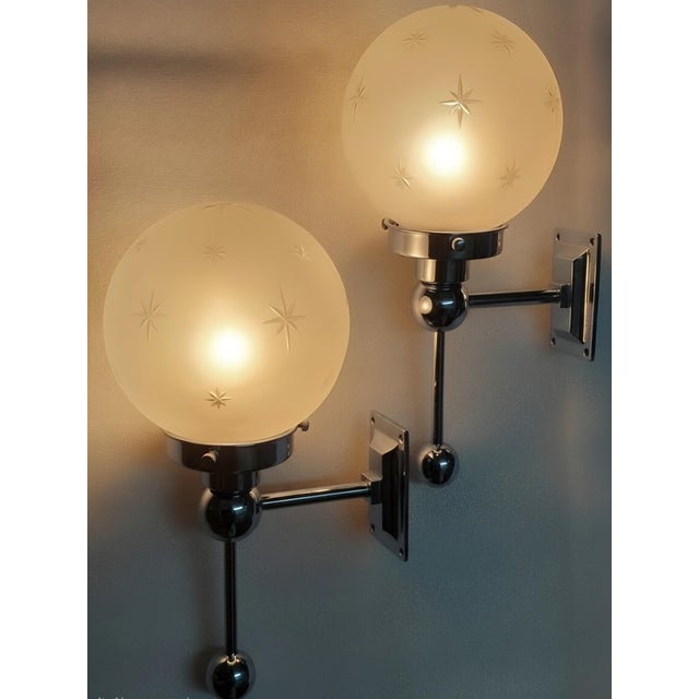 Vintage Art Deco Light Old Lamp Wall Sconces Fixture Nickel Brass & Star Glass Shade Ship Light - Pair For Sale - Image 4 of 6