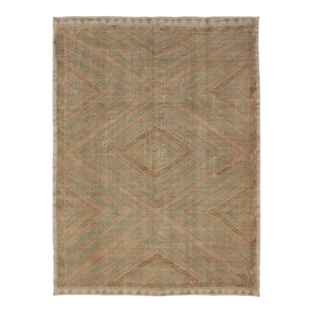 Vintage Turkish Kilim in Faded Camel and Soft Aqua With Subtle Diamond Design For Sale