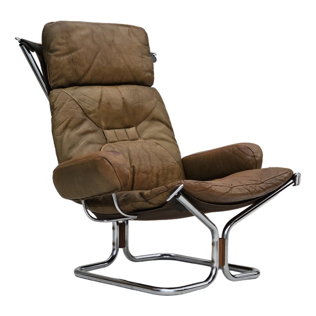 Norwegian Armchair in Leather, Chrome Steel, Teak Wood & Canvas by Harald Relling for Westnofa, 1970s For Sale