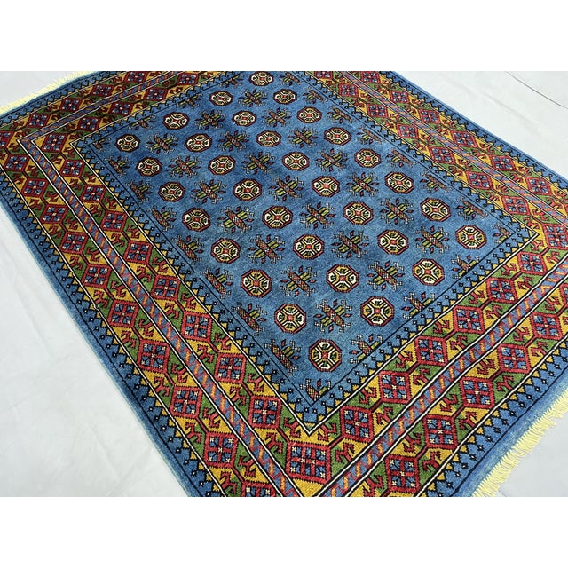 Art Deco 5'1" X 6'5" Blue Turkmen Mori Gul Geometric Rug For Sale - Image 3 of 17
