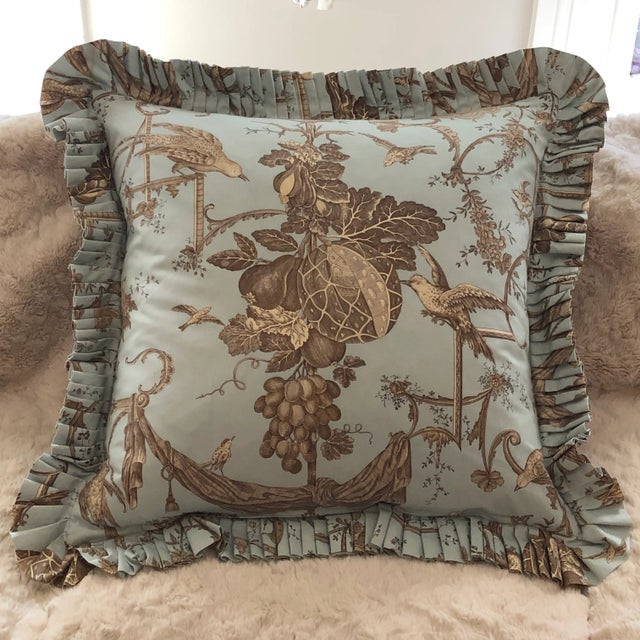 I have available three (3) lovely Euro-size Brunschwig & Fils Kininvie toile pillows in chicory on robin’s egg blue, circa...