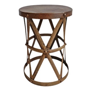 Vintage Industrial Iron Strap Outdoor Side Table For Sale