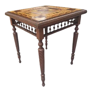 Late 19th C. Parquetry Mixed Woods and Turned Twisted Legs Card Tea Table