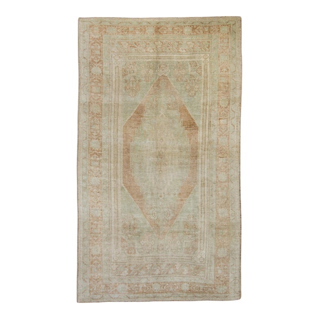 Turkish Vintage Rug Faded Mint & Soft Terracotta Handwoven Wool Rug 5'5" X 9'4" For Sale