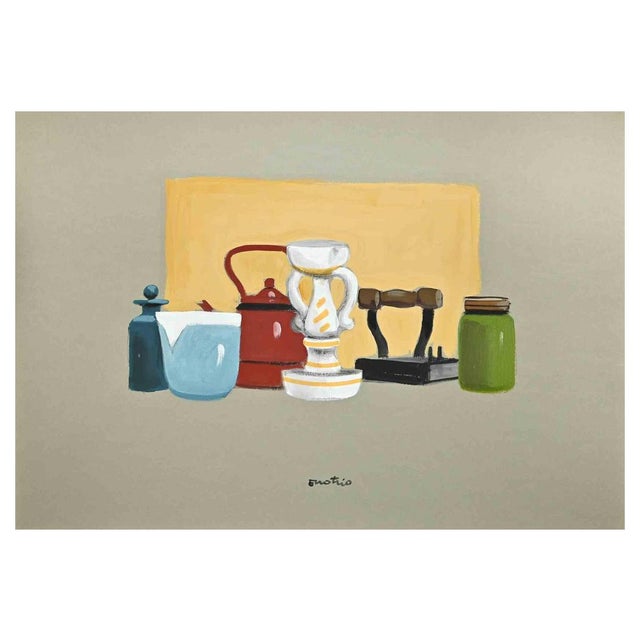 Modern Enotrio Pugliese, Still Life, Gouache on Paper, 1970s For Sale - Image 3 of 3