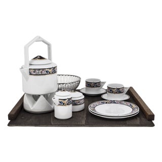 Art Deco Cantana Najade Tête-À-Tête for Two on Wooden Tray from Fürstenberg and Alessi, 1980s, Set of 14 For Sale