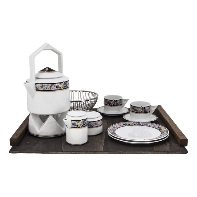 Art Deco Cantana Najade Tête-À-Tête for Two on Wooden Tray from Fürstenberg and Alessi, 1980s, Set of 14 For Sale