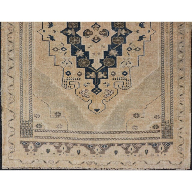 Vintage Turkish Oushak Rug With Beige and Navy Blue Geometric Medallion For Sale In Atlanta - Image 6 of 10