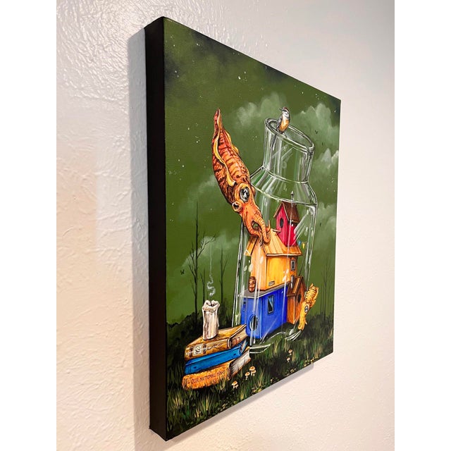 Precognitive Dream features a whimsical scene contained within a glass jar, where vibrant houses emerge alongside...