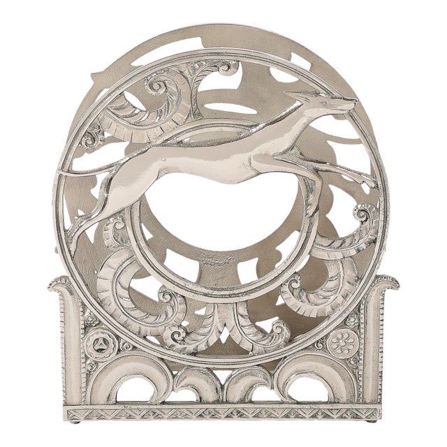 Art Deco Nickeled Bronze Magazine Stand of Stylized Leaping Greyhound For Sale