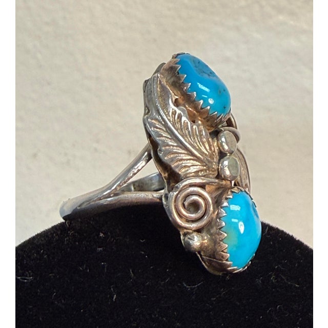 Native American Navajo (Dine) Sterling Silver Turquoise Ring Signed Sterling RJ for Artist Robert Johnson. Size 6.75.