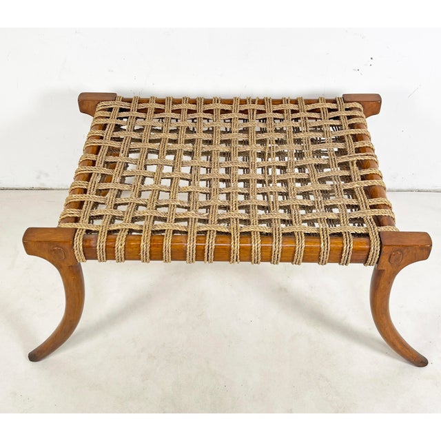 T.H. Robsjohn Gibbings Large Klismos Style Bench With Sea Grass Woven Seat For Sale - Image 4 of 5