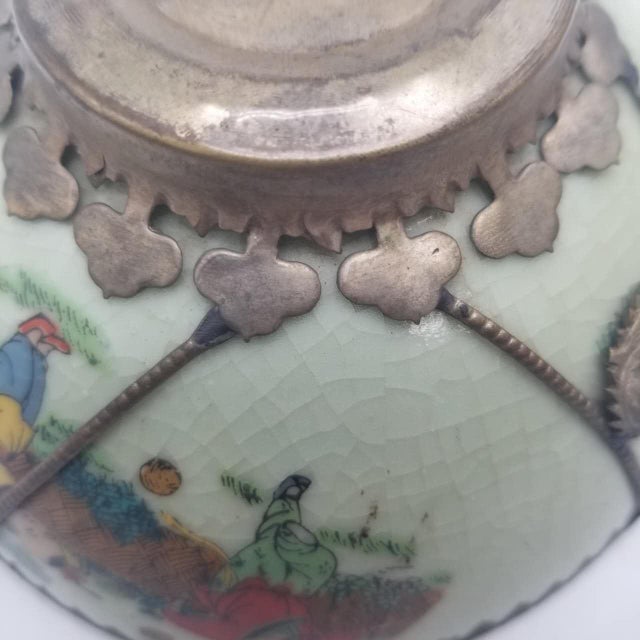 Celadon Vintage Chinese Traditional Celadon-Glazed Porcelain Bowl With Gilt Copper Dragon & Phoenix Mounts For Sale - Image 8 of 14