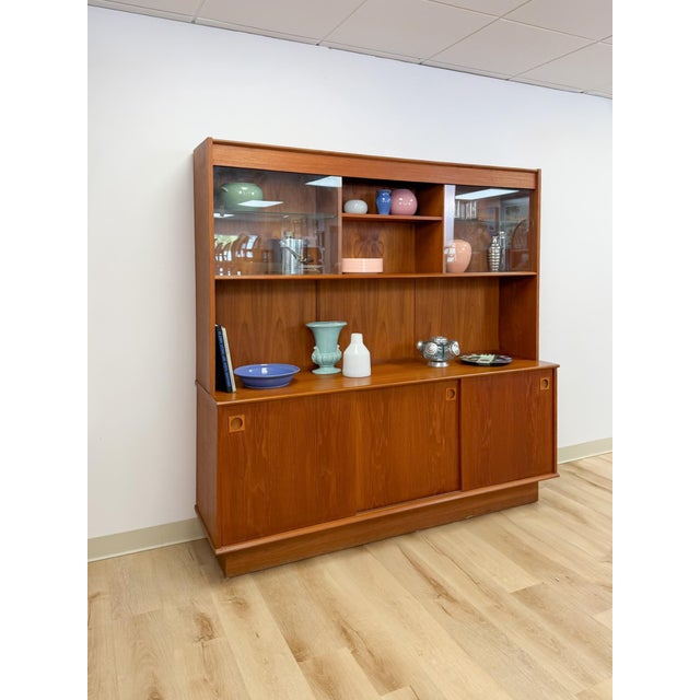 MCM Teak 2 Piece China Cabinet Sliding Doors Shelves Vintage Buffet Storage For Sale - Image 13 of 17