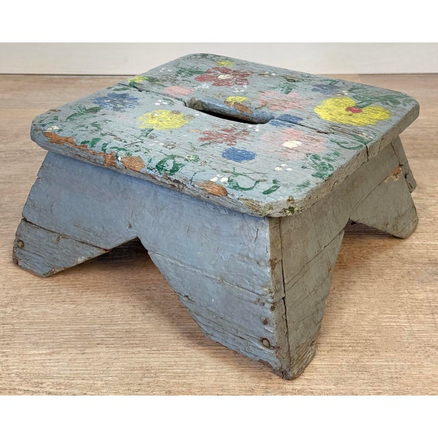 Wood Antique Primitive Farmhouse Gray Floral Footstool For Sale - Image 7 of 12