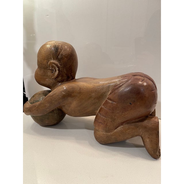 Chinoiserie Antique Chinese Opium Pillow (Wooden Statue of Baby Buddha), Imperfect Wood For Sale - Image 3 of 12