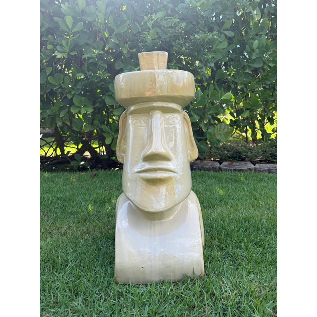 Contemporary Large Vintage Glazed Ceramic Moai Easter Island Head Sculpture For Sale - Image 3 of 12