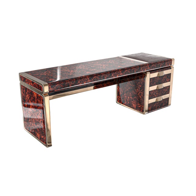Art Deco "Riccio / E" Hand Crafted Desk With Burl Walnut and Bronze Details For Sale - Image 3 of 8