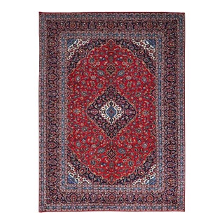 1960 Red Worn Wool Hand Knotted Vintage Persian Kashan Dense Weave Pure Wool Soft Rug For Sale