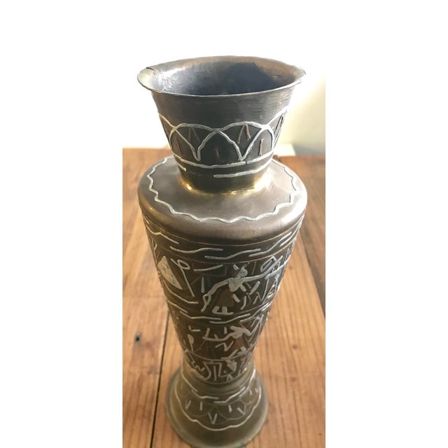Egyptian Cairo Ware Brass Vase With Silver and Copper Inlay Design