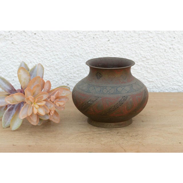 Metal Red & Black Enamel Antique Brass Vessel For Sale - Image 7 of 7