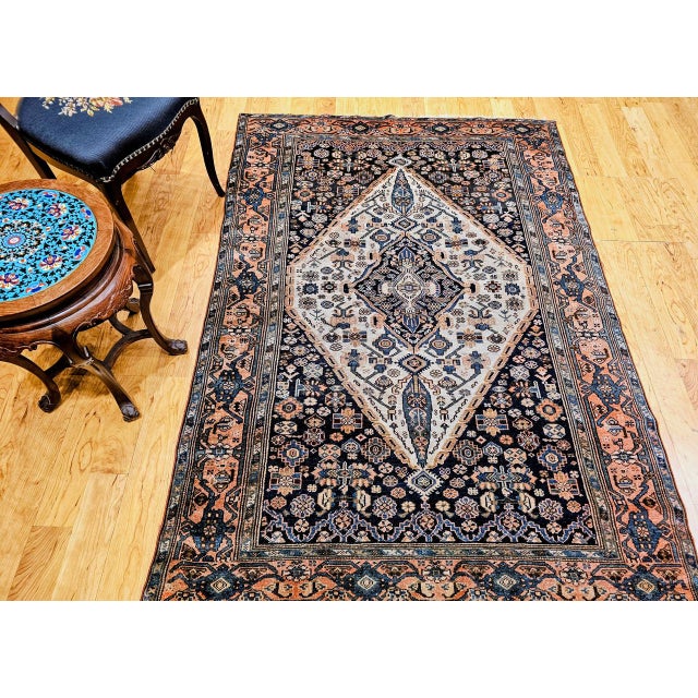 Persian Antique Persian Malayer Area Rug, Hand-Knotted Wool, Geometric Medallion Pattern, Ivory & Navy,5x7 For Sale - Image 3 of 17