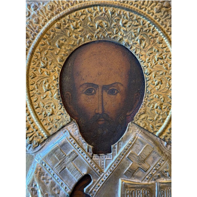 19th Century 19th Century Saint Nicholas Icon With Repoussé Oklad For Sale - Image 5 of 8