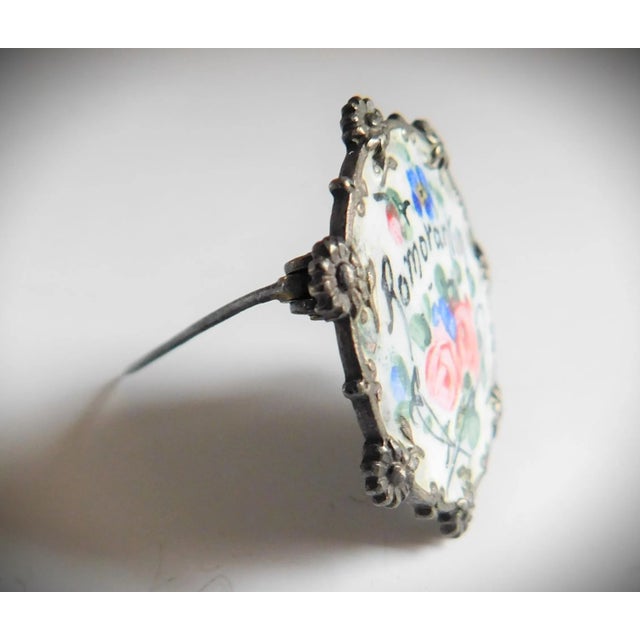 Antique sterling silver French Enamel Pink Rose and Blue Floral and Leaf Brooch Pin with the word Romorantin, a small...