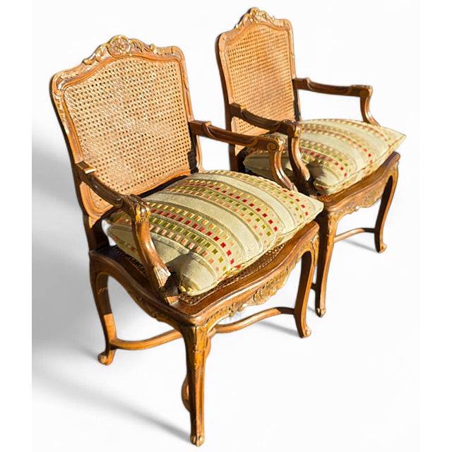Pr of Early 20th Century French Louis XV Style Carved Walnut Fauteuils W/Cane Seats & Backs, Original Painted Highlights W/Loose Upholstered Cushions For Sale - Image 10 of 10
