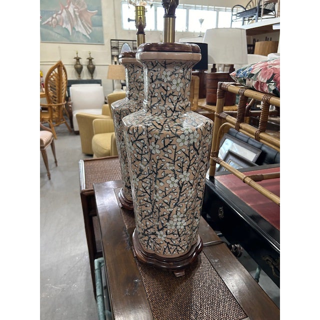 Vintage Pink Porcelain Cherry Blossom Lamps, a Pair For Sale - Image 9 of 11