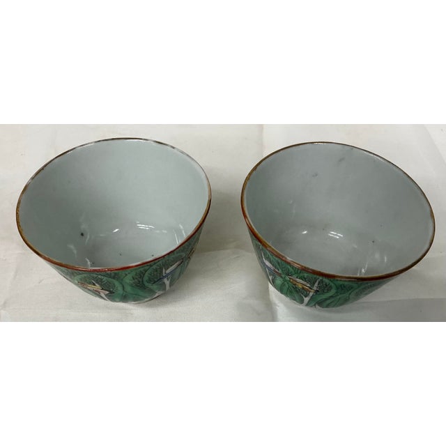 Ceramic Pair of Antique Chinese Export Famille Verte “Boc Choy Leaf” Small Cups For Sale - Image 7 of 10