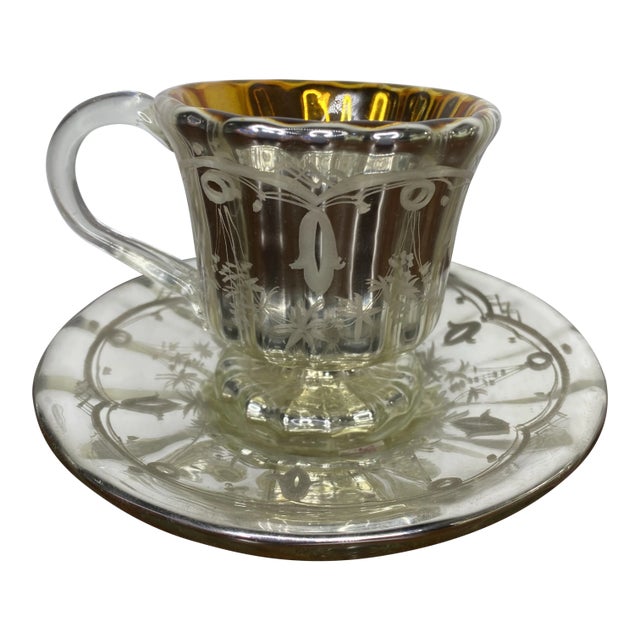 Antique Mercury Glass Handled Tea Cup and Saucer For Sale