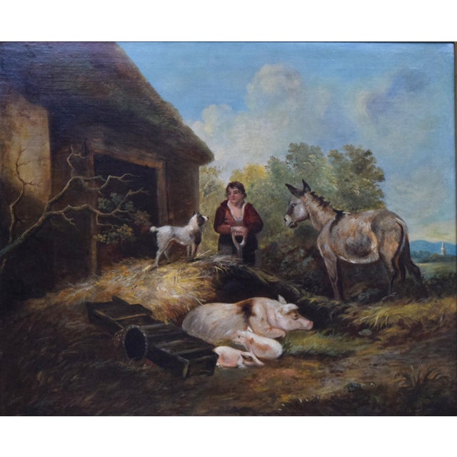 Large 19th Century English Georgian style barnyard scene depicting a rustic farmyard with a farm boy, livestock, and a...