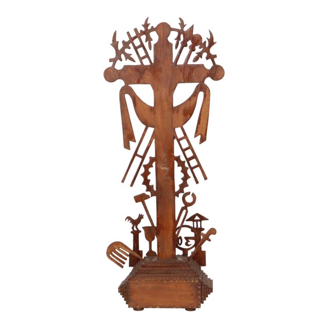 Brown 20th Century Folk Art Handmade Tramp Art Crucifix, 1890s For Sale - Image 8 of 18