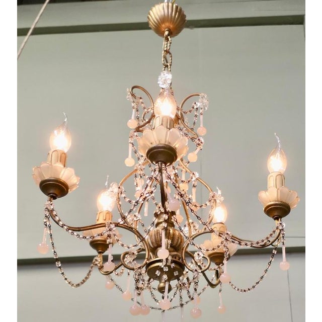 6 Branch Pink Venetian Art Deco Chandelier This is a very pretty and quality piece, it has slender brass arms profusely...