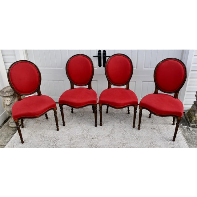 Vintage Set of Four Carved & Inlaid Regency Style Rounded Back Red Side Chairs For Sale - Image 4 of 13