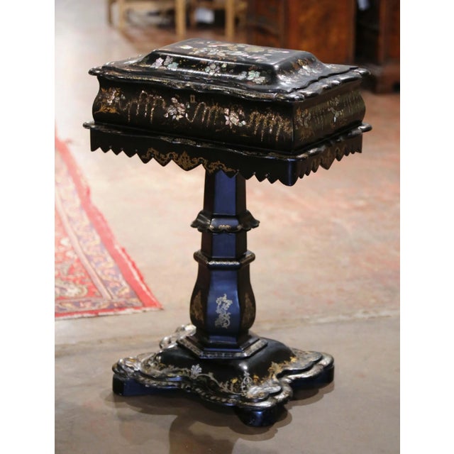 19th Century English Victorian Papier-Mâché Sewing Table With Pearl Inlay For Sale - Image 13 of 13