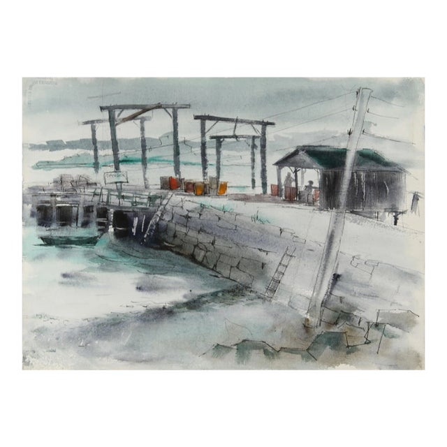 1950s "Maine Dock and House 37" Watercolor Painting by Eve Nethercott For Sale