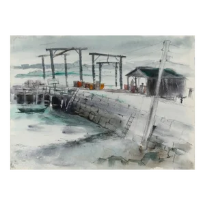 1950s "Maine Dock and House 37" Watercolor Painting by Eve Nethercott